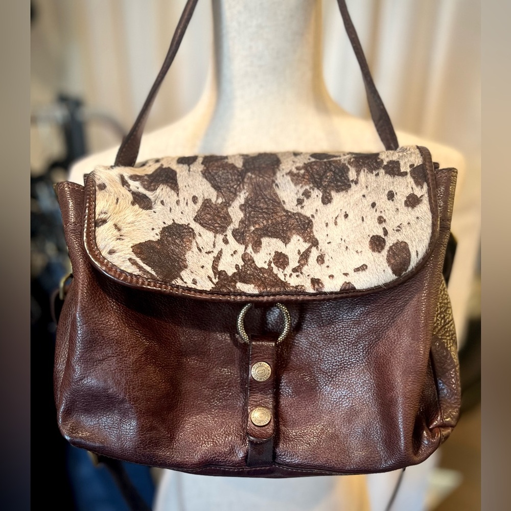 Campomaggi Authentic Brown Leather & Bajo Calf Hair Flap Single Strap Handbag